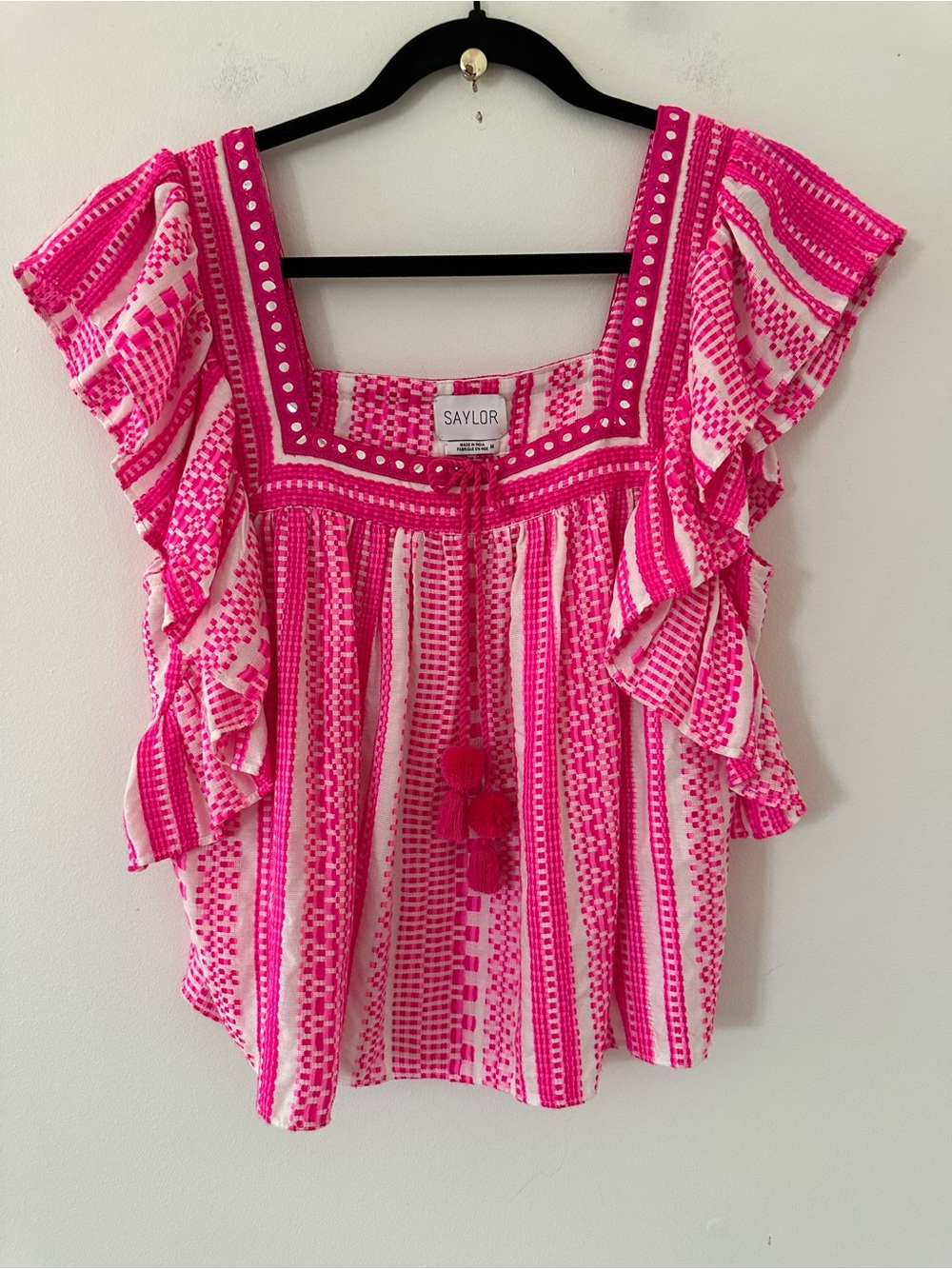 SAYLOR Hot Pink and White Embroidered Ruffle Sleeve tassel Pom Blouse - Picture 1 of 7